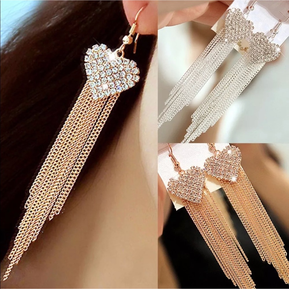 Long Drop Dangle Crystal Heart Earrings - Picture 4 of 4